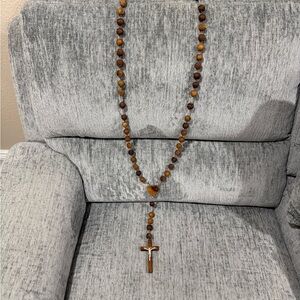 Handcrafted Wooden Beaded Wall Rosary with Cross and heart. Holy Land. MedEast
